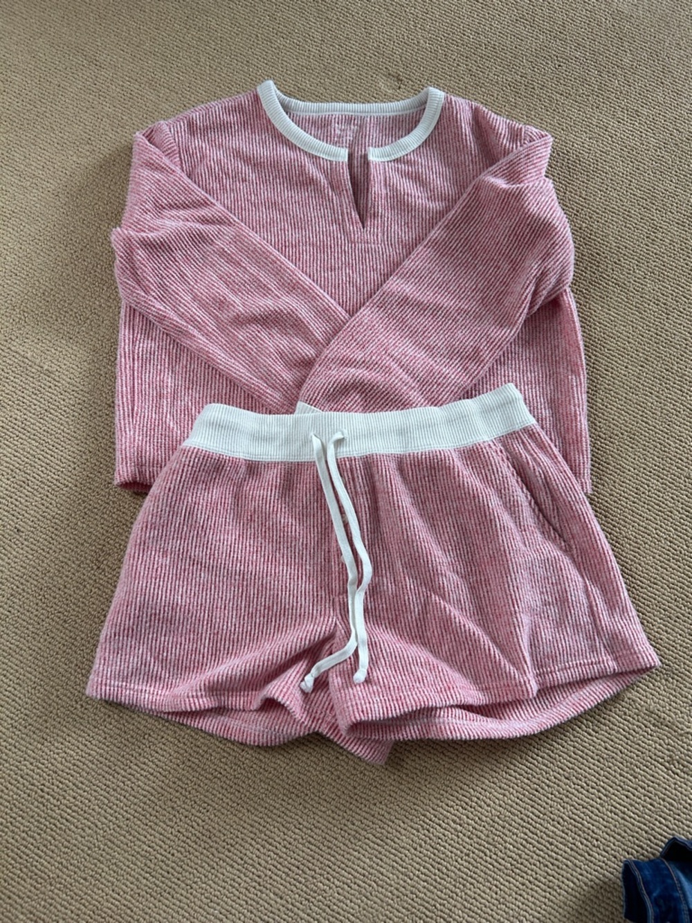 American Eagle Outfitters Pink Ribbed Two-Piece Pajama Set with White Trim